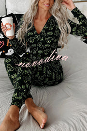 Ghost Country Halloween Print Long Sleeve Lounge Jumpsuit