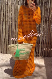 Sunny Beachside Crochet Knit Hollow Out Long Sleeve Cover-up Maxi Dress