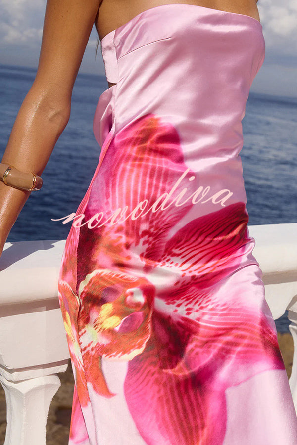 Floral Print Sexy Strapless Backless Holiday Maxi Dress