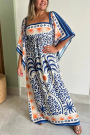 Resort Style Ethnic Print Square Neck Bell Sleeve Loose Maxi Dress