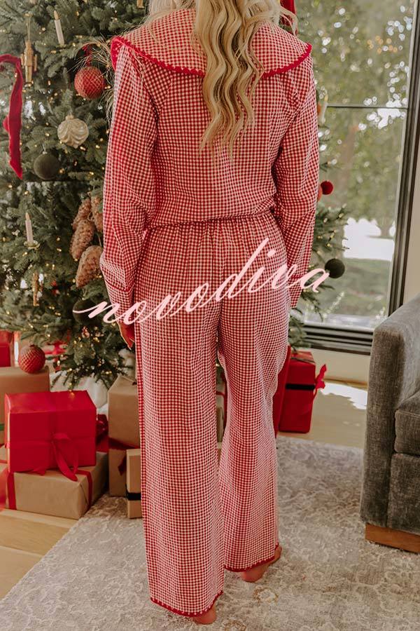 Nutcracker Charm Embroidered Gingham Loose Shirt and Elastic Waist Pajama Set