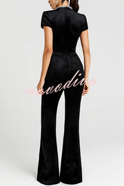 Lucia Luxurious Velvet Jewel-encrusted Turtleneck Short Sleeve Flare Stretch Jumpsuit