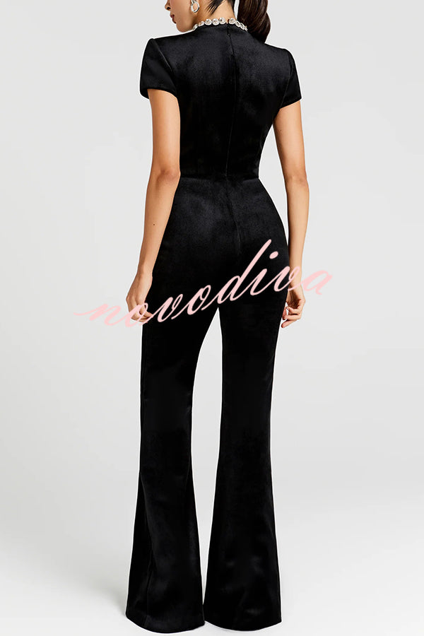 Lucia Luxurious Velvet Jewel-encrusted Turtleneck Short Sleeve Flare Stretch Jumpsuit