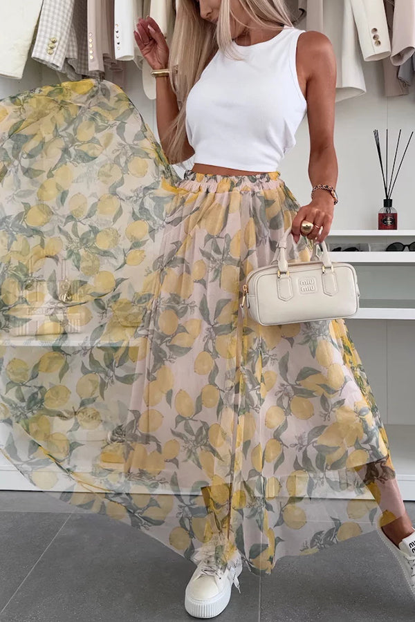 Summer Lemon Print Elastic Waist Tulle Holiday Midi Skirt