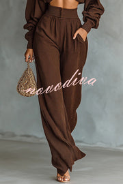 Solid Color Textured Fabric Round Neck Long-sleeved Top + High Waist Casual Pocket Wide-leg Pants Set