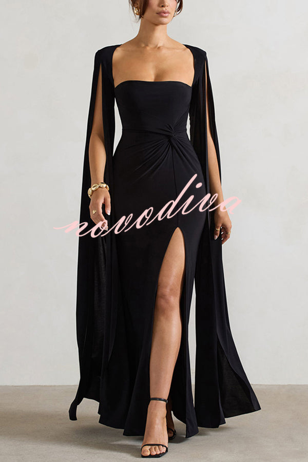 Elegant Goddess Square Neck Twisted Cape Sleeve Slit Maxi Dress