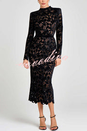 Diane Velvet Embroidered Floral Lace Long Sleeve Belt Scallop Edge Midi Dress