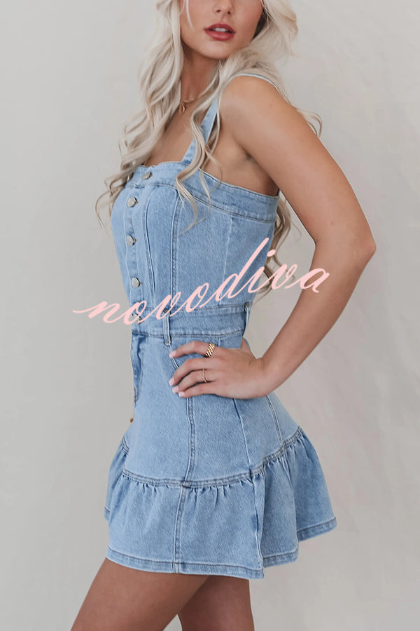 Solid Square Neck Suspender Button Pocket Denim Mini Dress