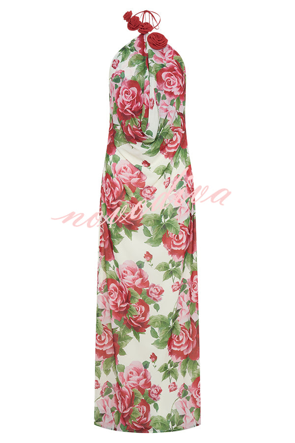 Elegance and Romance Chiffon Printed Rose Applique Cowl Neck Maxi Dress