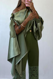 Chic Moment Satin Irregular Knot Slit Sleeve One Shoulder Loose Blouse