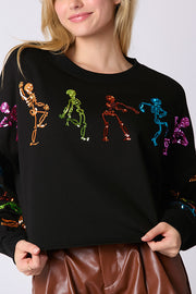 Halloween Skull Sequin Loose Crop Casual Sweatshirt