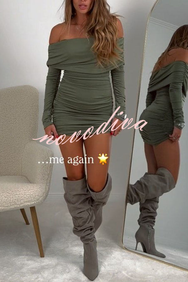 Friday Party Off Shoulder Long Sleeve Ruched Stretch Party Mini Dress