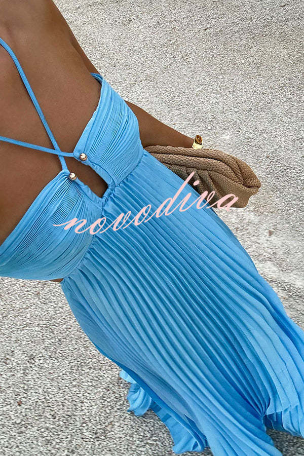 Caught Your Eyes Satin Pleated Cross Straps Cutout Flowing Maxi Dress