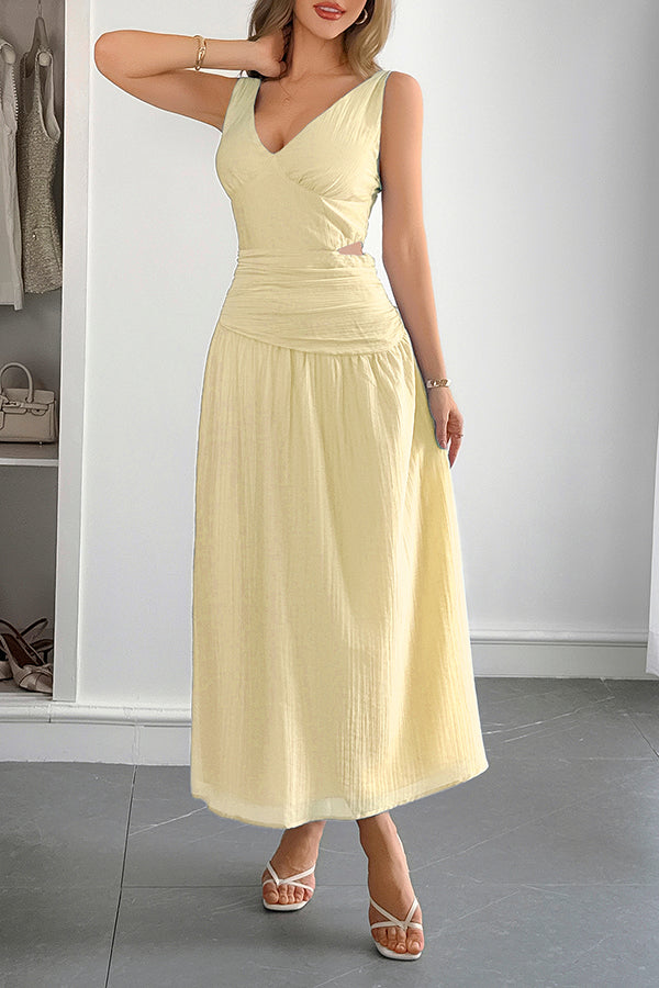 Solid Color V-neck Sleeveless Waist Hollow Out Maxi Dress