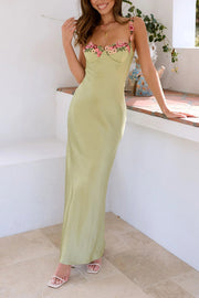 Endless Love Satin Embroidered Flower Trim Strap Maxi Dress