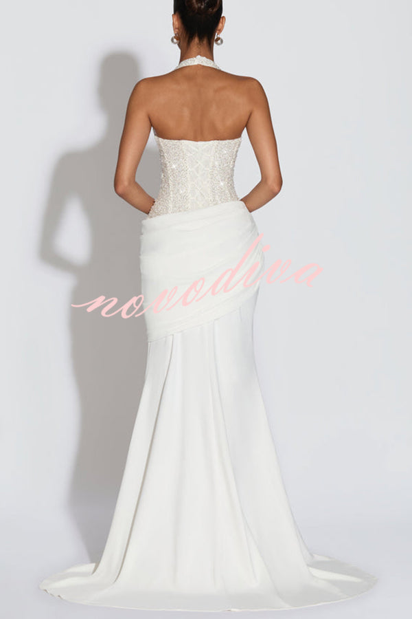 Exclusive Declaration Sequin Halter Neck Back Lace-up Ruched Hem Maxi Dress