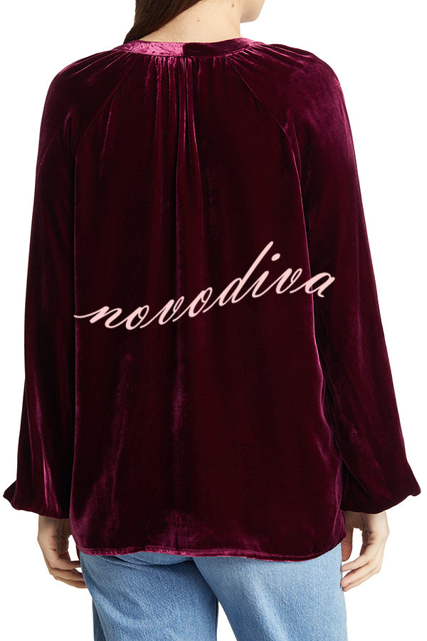 Solid Color Velvet V-neck Long-sleeved Shirt