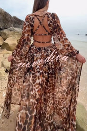 Beach Hour Printed Balloon Sleeve Cutout Back Elastic Lace-up Slit Maxi Dress