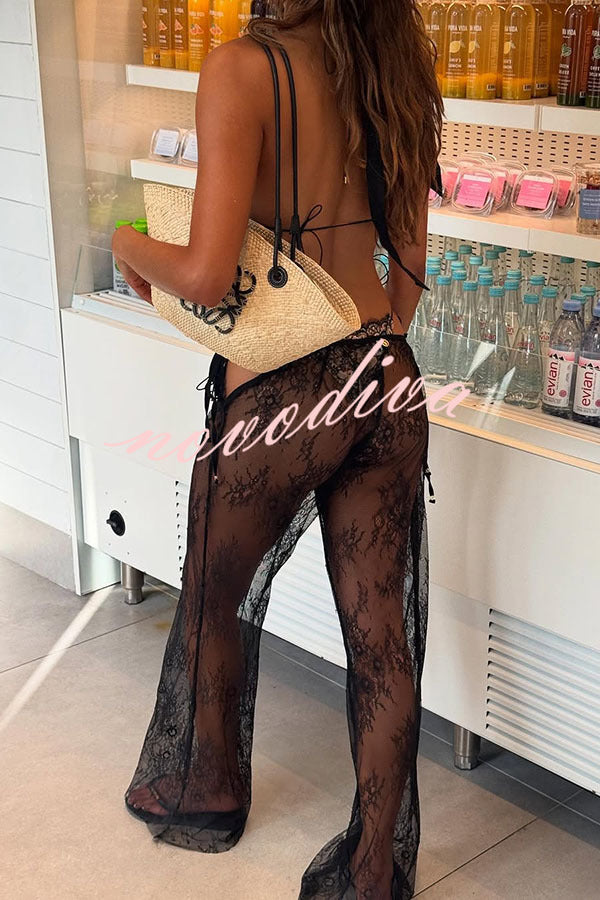 Vacation Vibe Lace Mid Rise Side Tie-up Wide Leg Pants