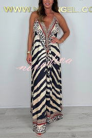 Unique Print V-neck Open Back Loose Maxi Dress