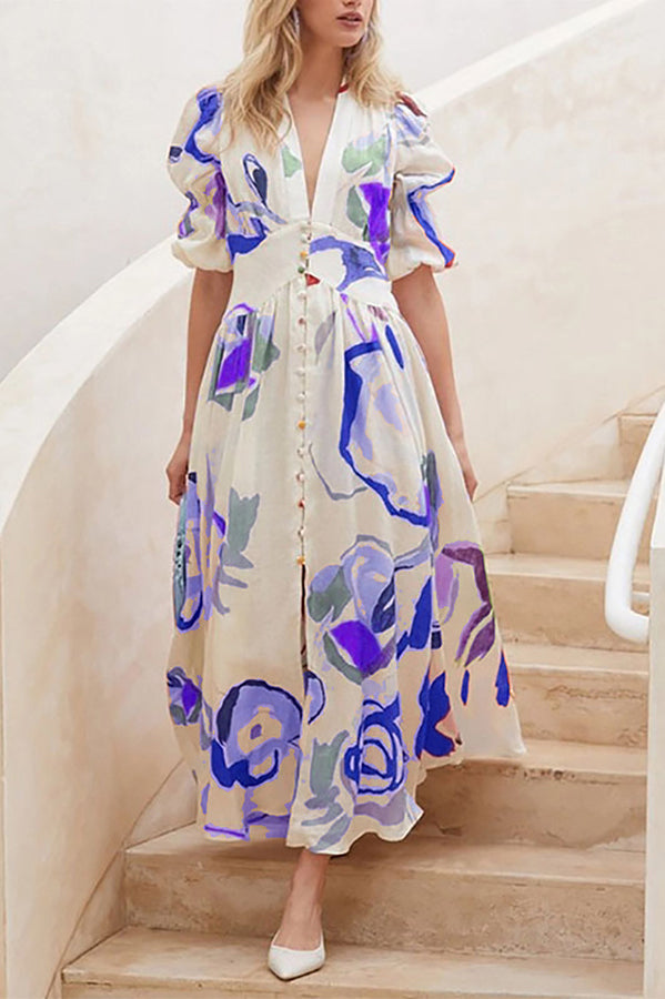 Lover's Gaze Watercolor Floral Printed Puff Sleeve Button Maxi Dress