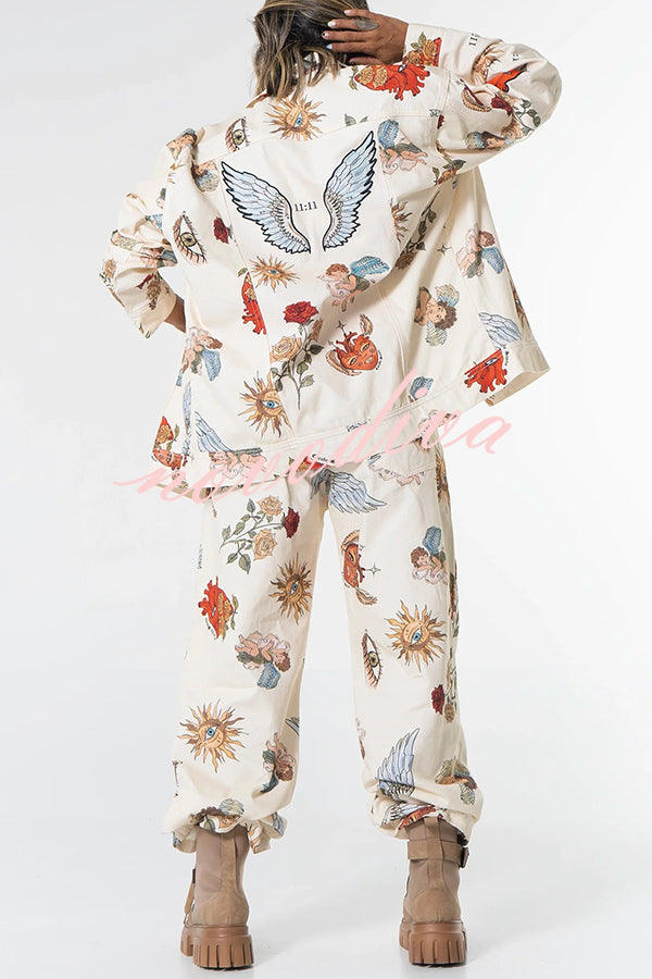 Angel Wings Denim Unique Print Button Up Long Sleeve Pocketed Relaxed Jacket
