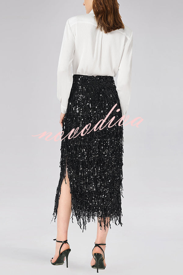 Evening Charm Layered Sequined Tassels High Rise Back Zipper Slit Midi Skirt