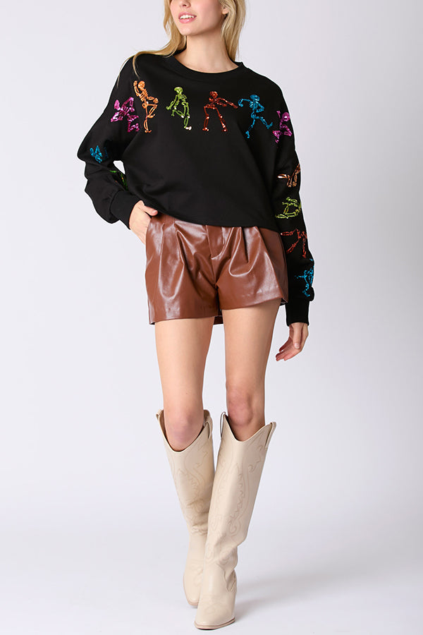 Halloween Skull Sequin Loose Crop Casual Sweatshirt