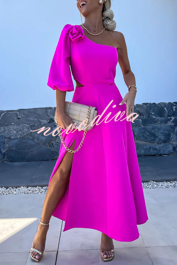 Full of Charm Rose Embellished One Shoulder Cutout Slit Midi Dress