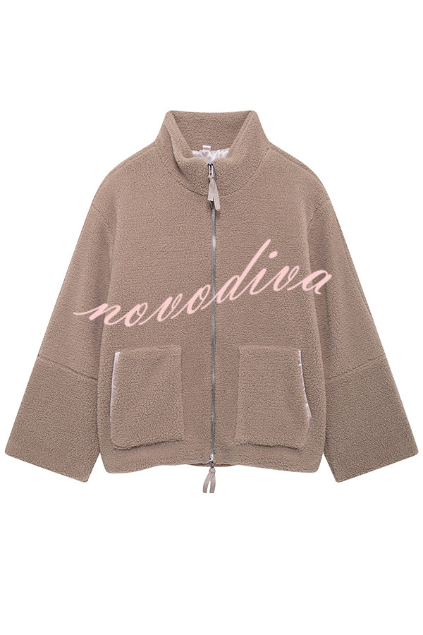 Solid Color Stitching High Collar Long Sleeve Loose Pocket Woolen Coat