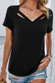 Casual Solid Color Short Sleeved V Neck Hollow T-Shirt