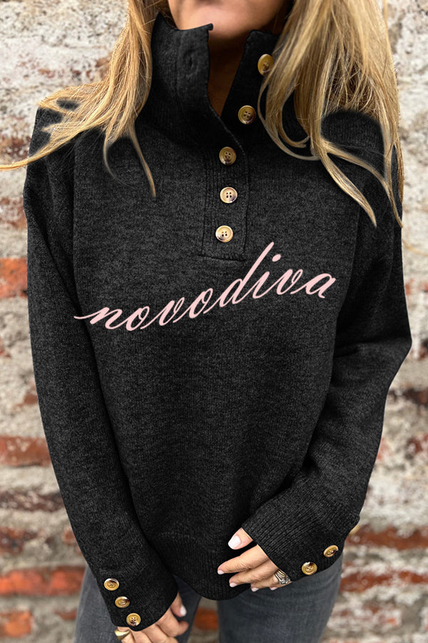 Solid Color High Collar Button Loose Long Sleeve Knitted Sweater