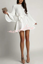 Fashion Bell Sleeve Loose Waist Tie Pleated Mini Dress