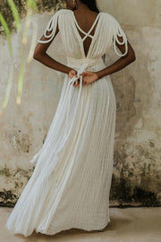 Resort Style Draped Braids Shoulder Backless Cover-up Loose Maxi Dress