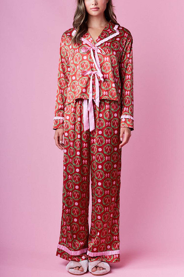 Christmas Print Long-sleeved Tie-waist Loose Top and Elastic Waist Pocket Casual Wide-leg Pants Set