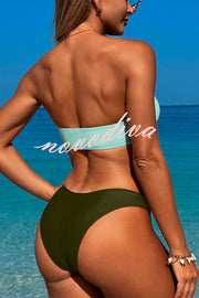 Solid Color Metal Button Decorated Stretch Two-piece Bikini Swimsuit