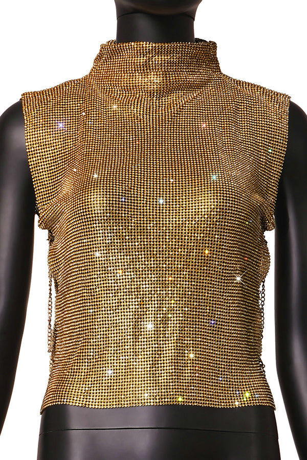 Sexy High-neck Rhinestone Metallic Top