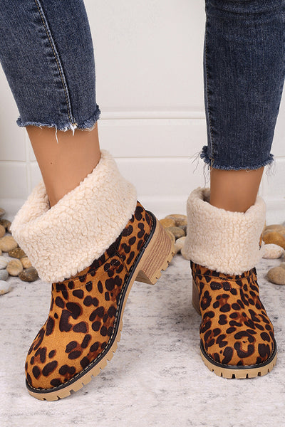 Leopard Print Thick Heel Warm Mid-calf Snow Shoes