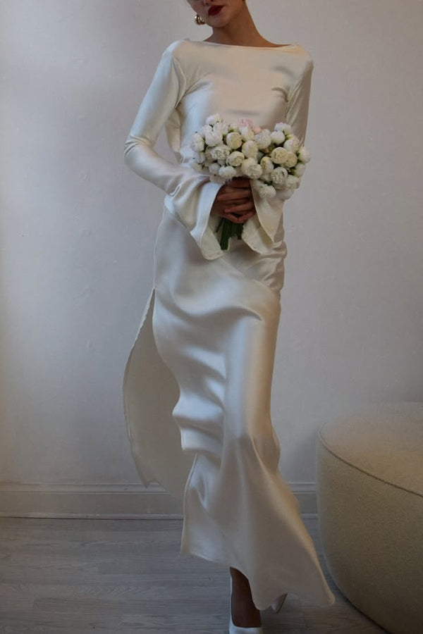 Satin Elegant Long-sleeved Open-back Slim-fit Slit Maxi Dress