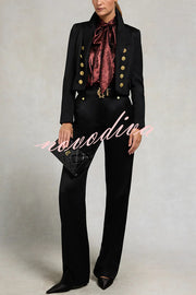Ariella Metallic Satin Fabric Tie-up Bow Neck Long Sleeve Blouse