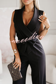 Make Your Entrance Lapel Belt Pocketed Wide Leg Formal Jumpsuit