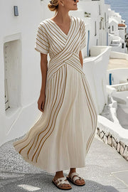 Striped Print V-Neck Short Sleeve Holiday Style Maxi Dress