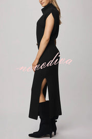 Solid Color Sleeveless Knitted Elegant Waist Midi Dress