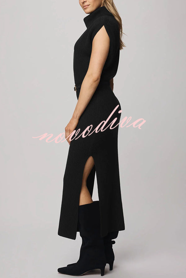 Solid Color Sleeveless Knitted Elegant Waist Midi Dress