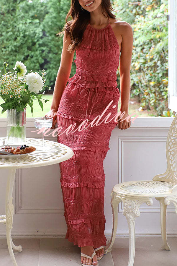 Feel Chic and Romantic Sequin Textured Material Back Elastic Halter Tie Tank and Drawstring Waist Tiered Maxi Skirt Set