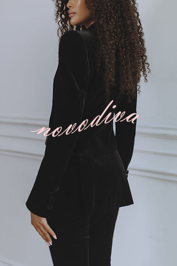 Delicate Daze Velvet Satin Lapel Button Up Long Sleeve Tapered Waist Blazer