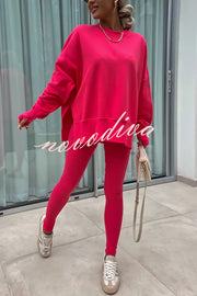 Solid Color Loose Long Sleeve SlitSweatshirt and Elastic Waist Tight Pants Set