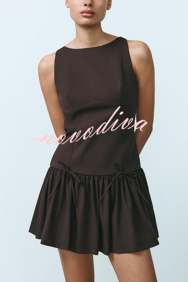 Solid Bow Round Neck Sleeveless Mini Dress