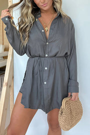 Solid Color Long Sleeve Button Casual Shirt-Style Rompers