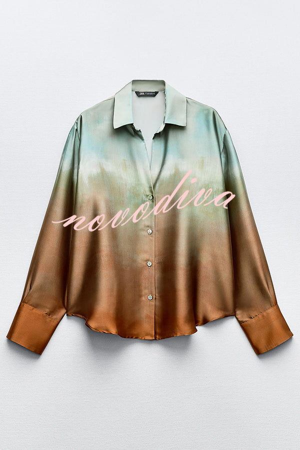 Fashionable Gradient Print Lapel Long Sleeve Casual Shirt